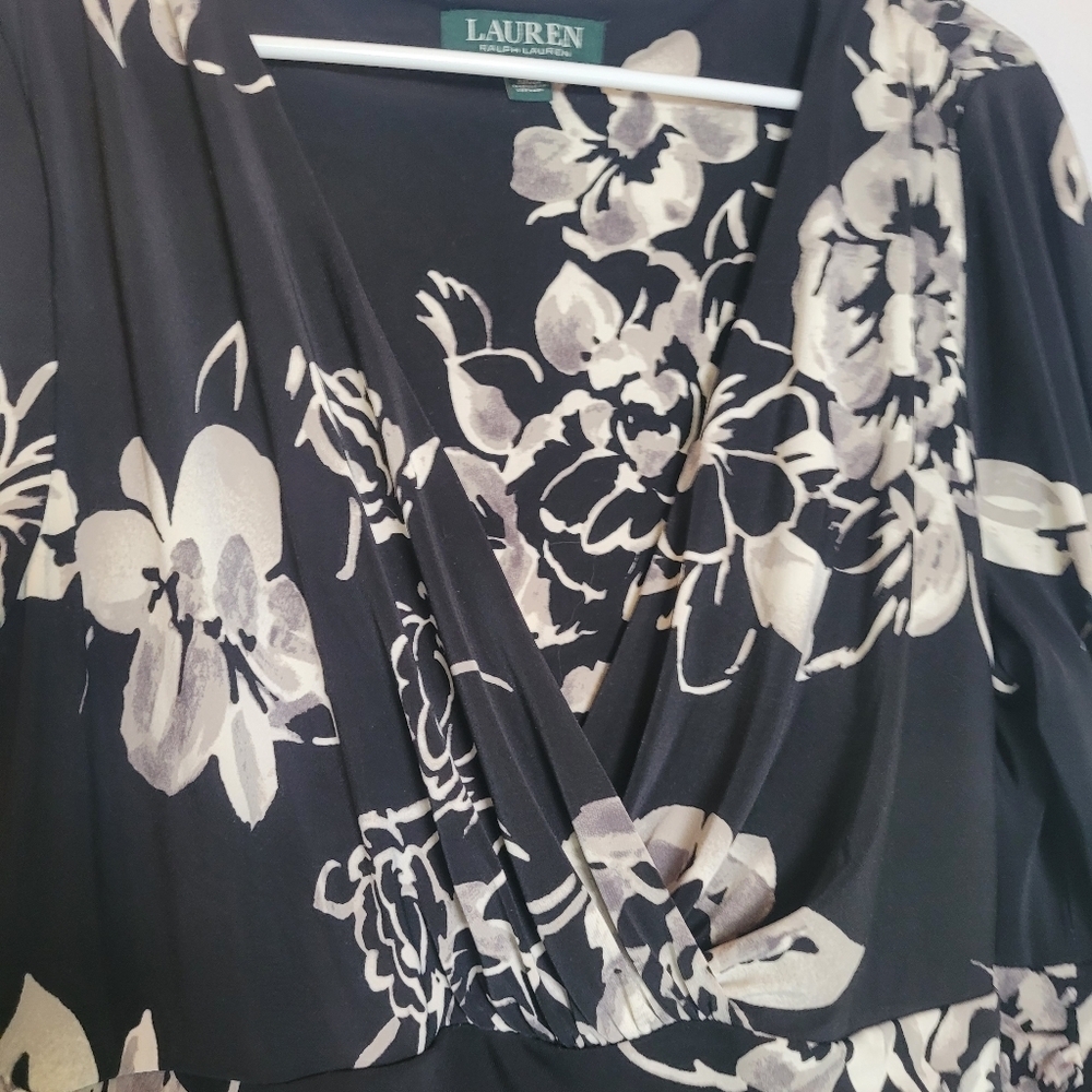 Lauren Ralph Lauren Black Gray Floral Vneck 3/4 Sleeve Midi Dress Size 16 - Picture 3 of 9